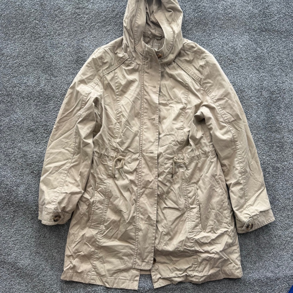 LL Bean Womens Tan Khaki Hooded Field Coat Jacket Large Regular OKRC6